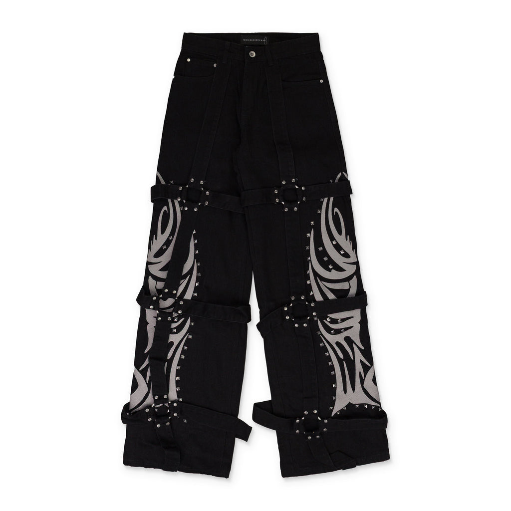 BLACK WINGED LOGO BONDAGE STRAIGHT-FIT JEANS