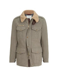 Brunello Cucinelli waxed techno cotton safari jacket with Thermore® padding, nappa leather inserts and shearling collar