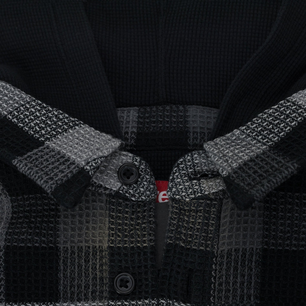 Black Multicolor Plaid Waffle Hooded Jacket