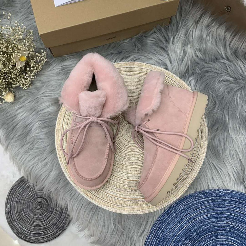 Pink Fluffy Cuff Lace-Up Ankle Boots — New Arrival | In Stock