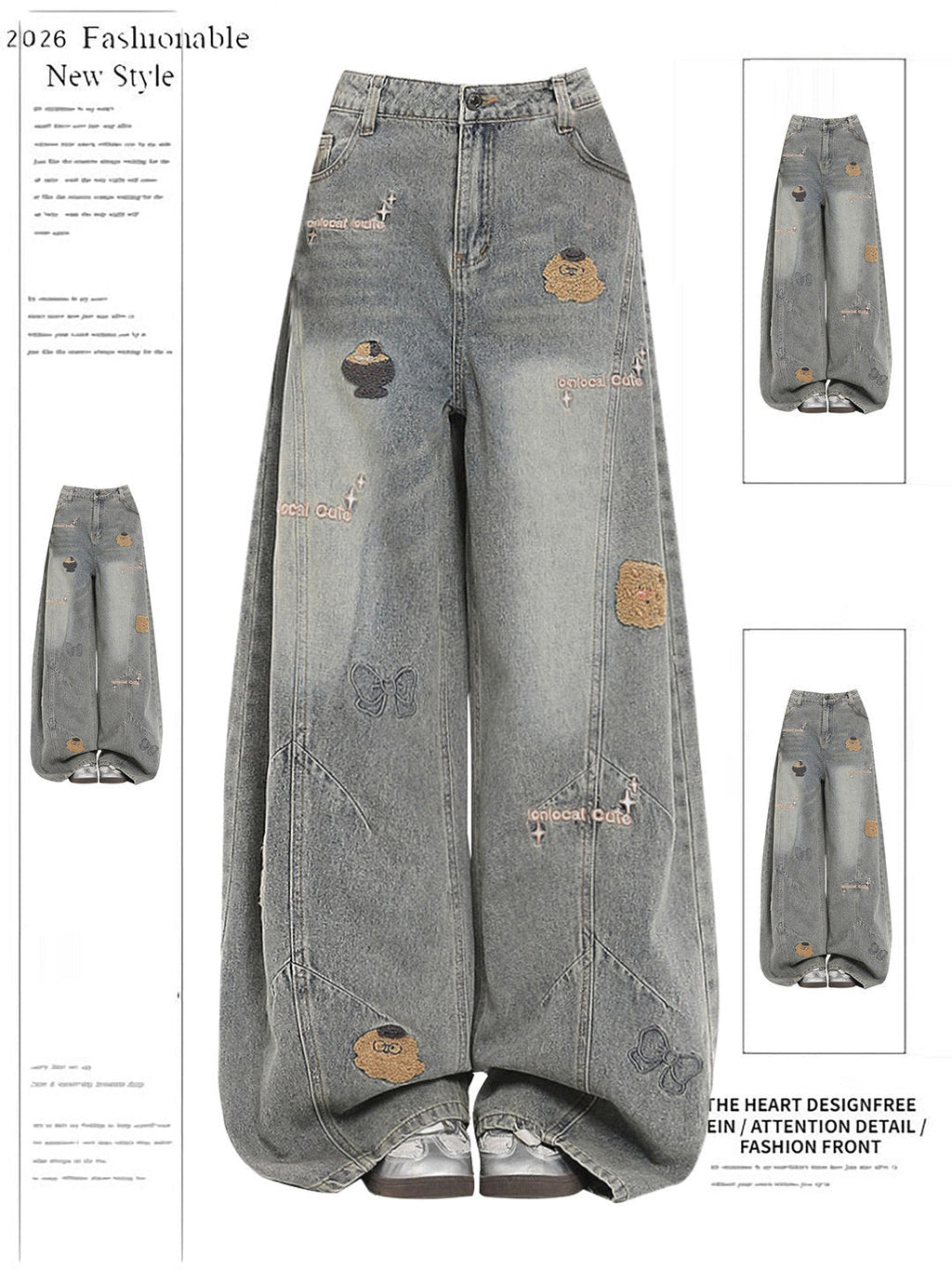 Vintage Washed Cartoon Embroidery Wide Leg Curved Baggy Denim Jeans