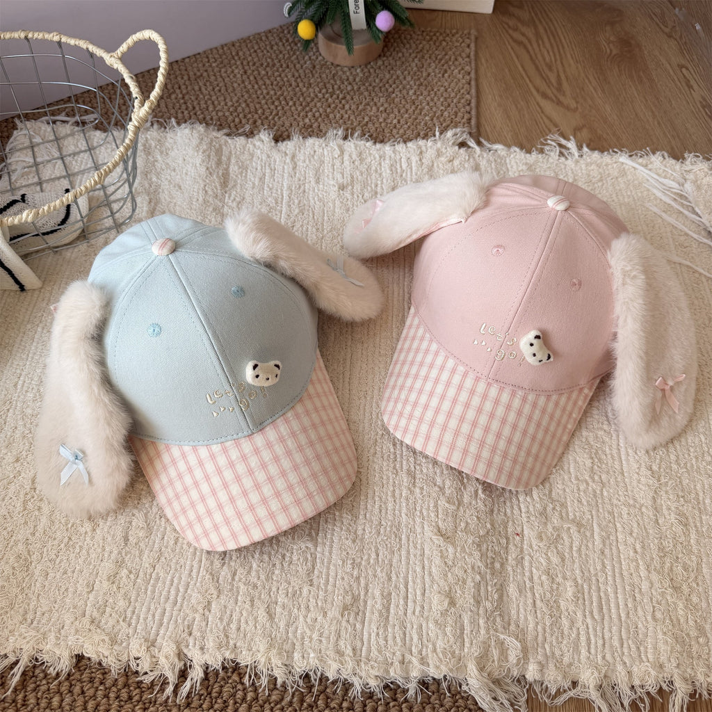 Cute Fluffy Bunny Ear Reversible Plaid Baseball Cap For Girls