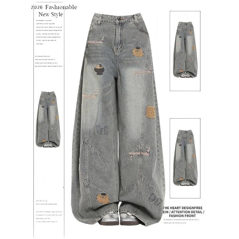 Vintage Washed Cartoon Embroidery Wide Leg Curved Baggy Denim Jeans