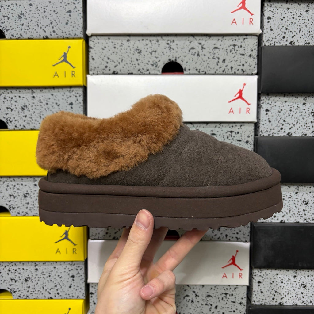 UGG Tazz Platform Slip-On Slipper – Suede Moccasin with Caramel Shearling Cuff & Chocolate Platform Sole in Chocolate