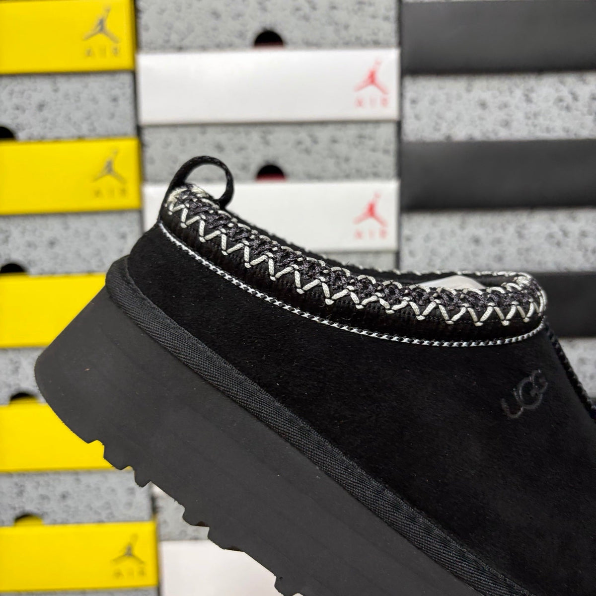 UGG Tazz Platform Slipper – Suede Mule with Shearling Lining, Black & White Braided Collar Trim & All-Black Chunky Platform Sole in Black