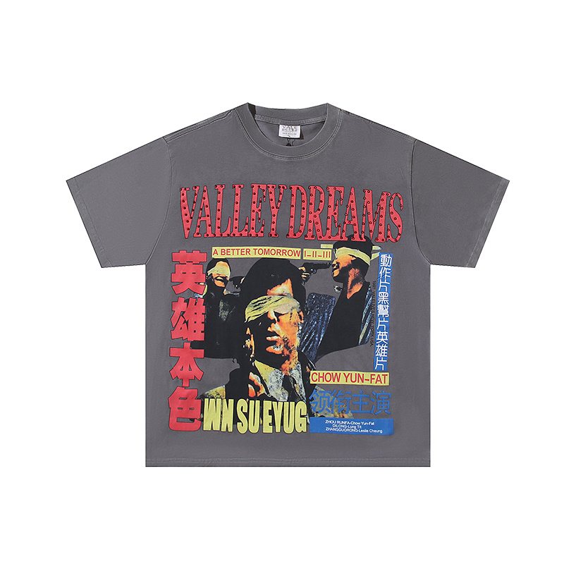 VALE USA Washed Gray Rhinestone Graphic T-Shirt