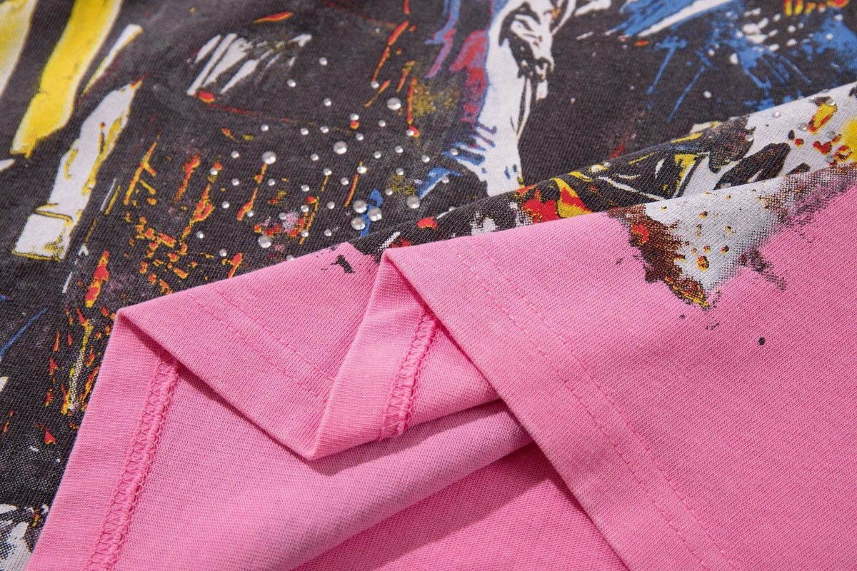 MAJESTIK Pink Rhinestone Distressed Graphic T-Shirt