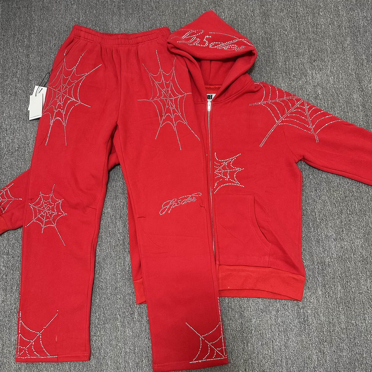 Sp5der Rhinestone Spiderweb Zip Hoodie & Pants Matching Set