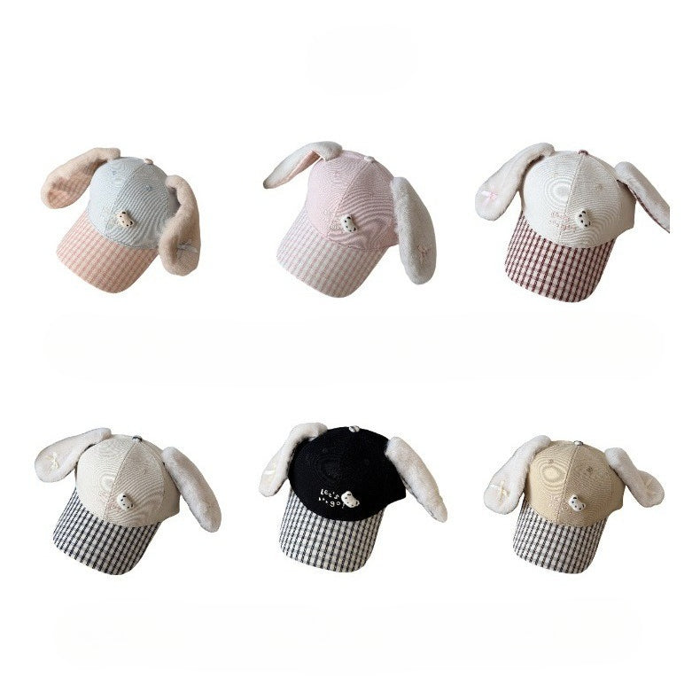 Cute Fluffy Bunny Ear Reversible Plaid Baseball Cap For Girls