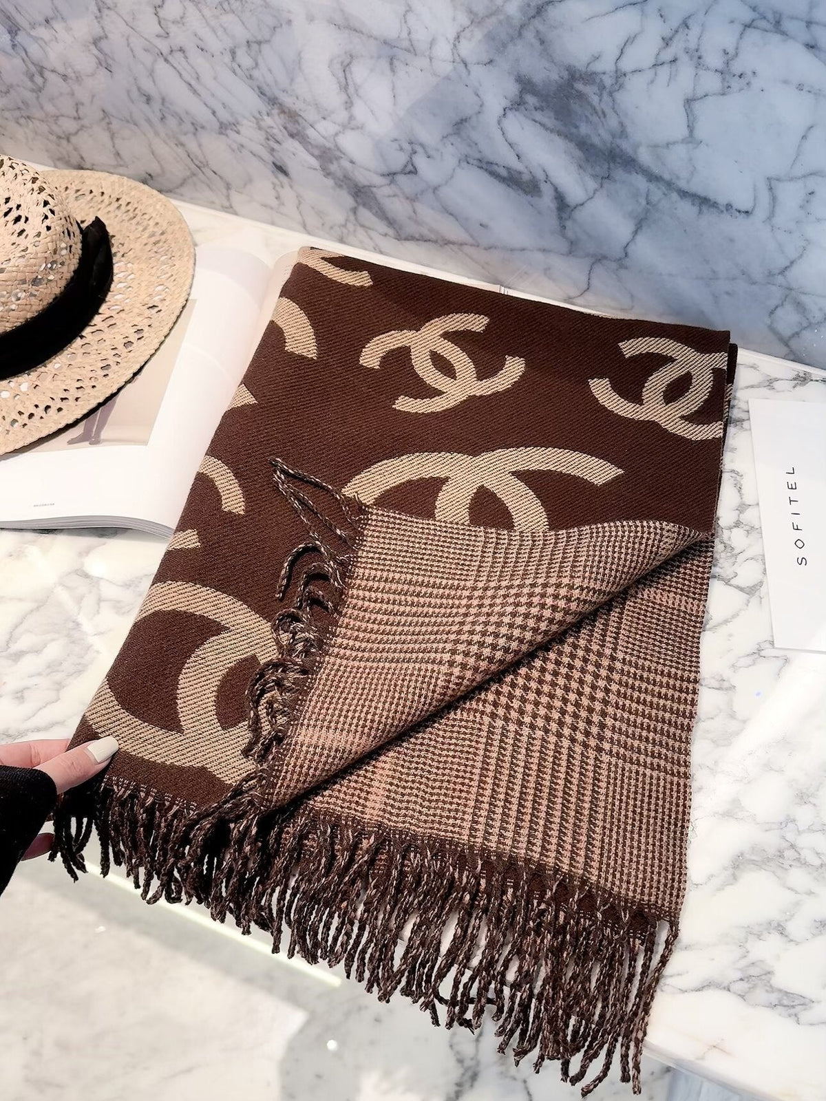 Chanel Style Oversized Logo Check Fringe Scarf