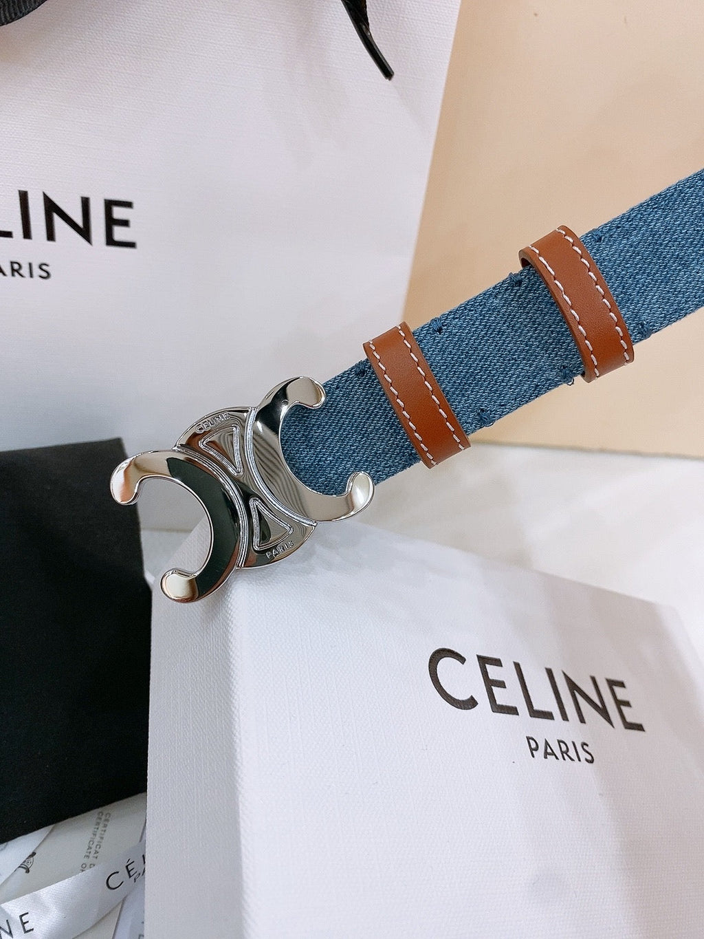 CELINE 25S BELT TRIOMPHE TAURILLON 25MM IN BROWN CALFSKIN AND DENIM 558354