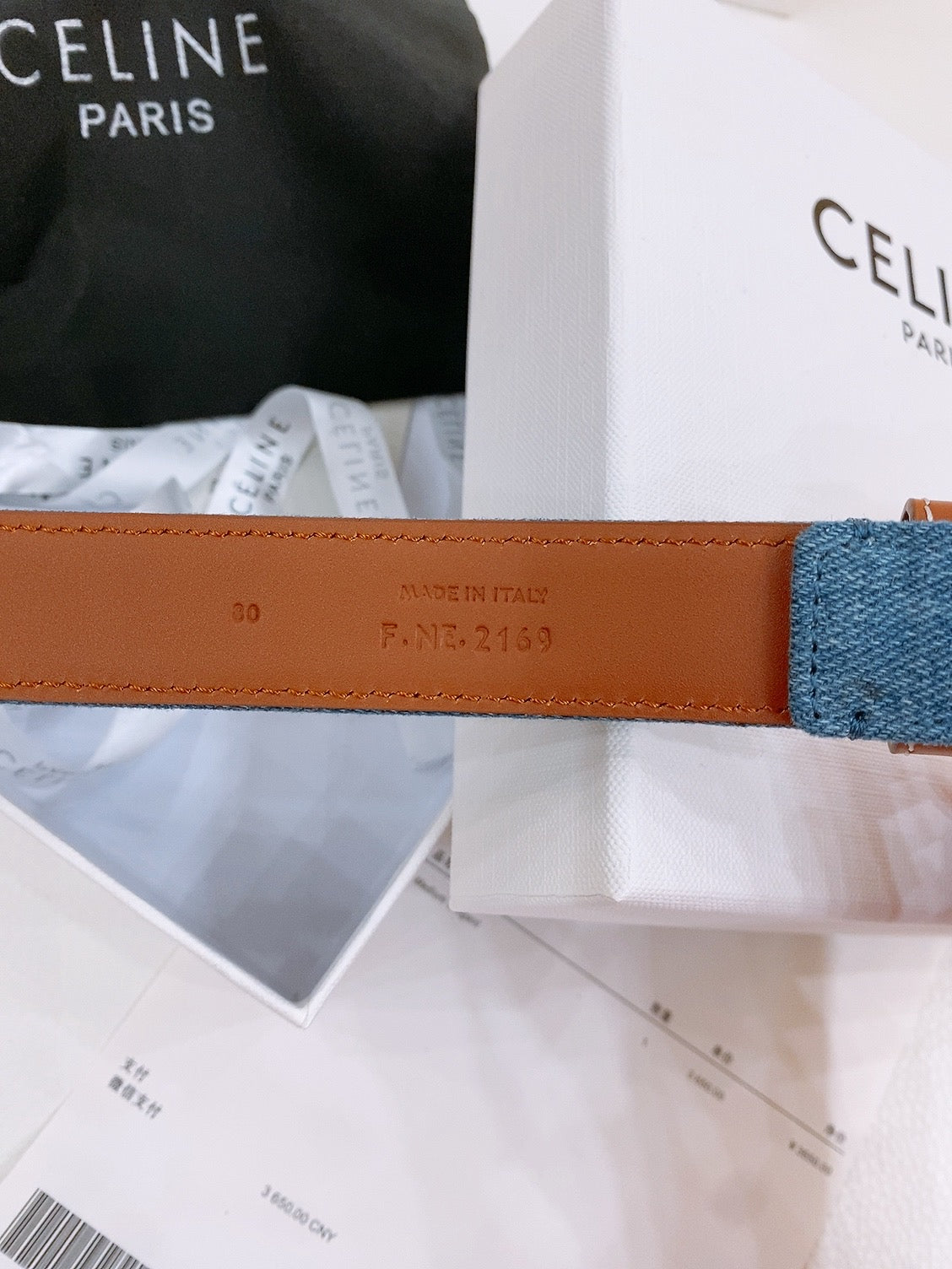 CELINE 25S BELT TRIOMPHE TAURILLON 25MM IN BROWN CALFSKIN AND DENIM 558356