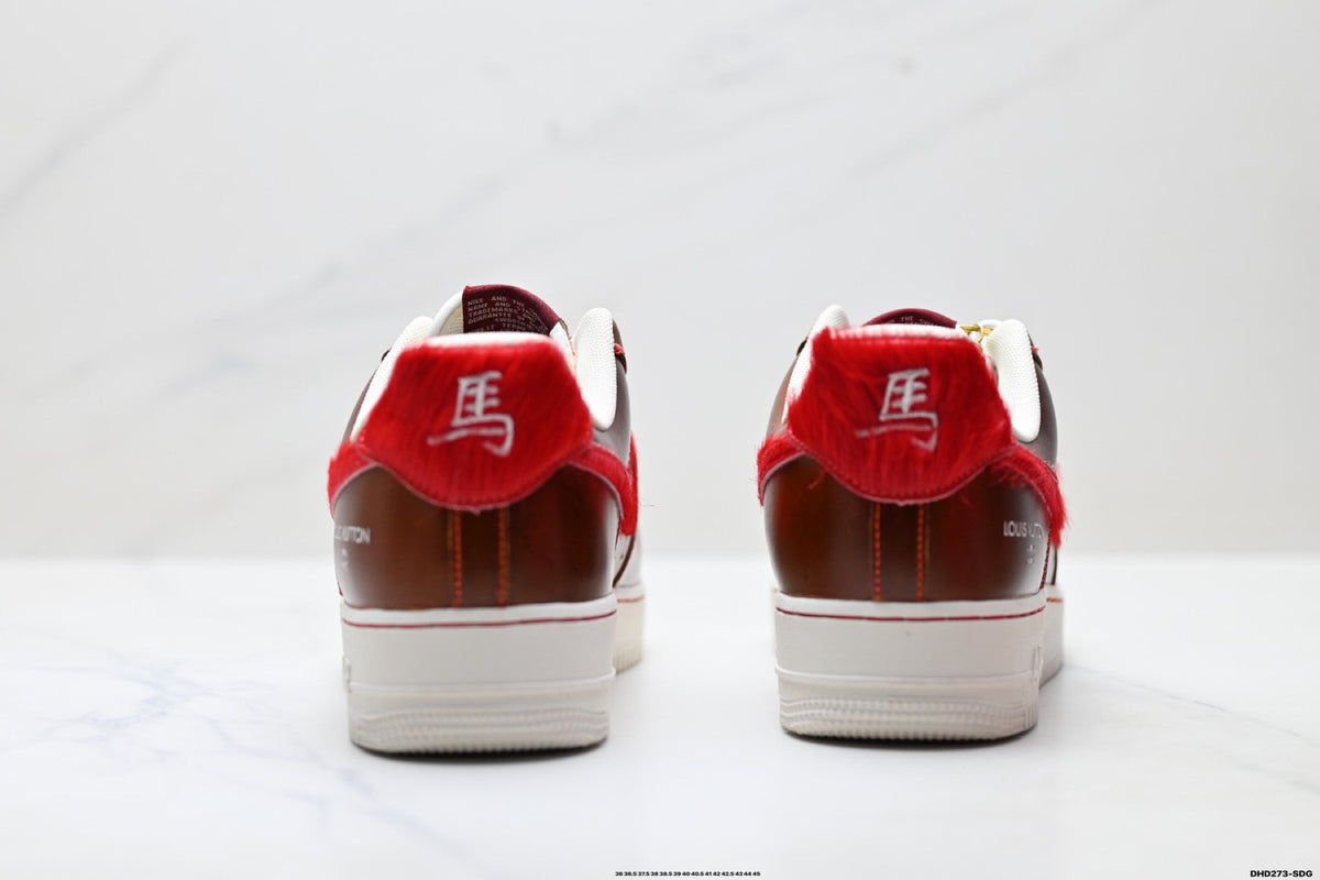 Nike Air Force 1 Low Brown Red Monogram Print Unisex Sneakers Style 06