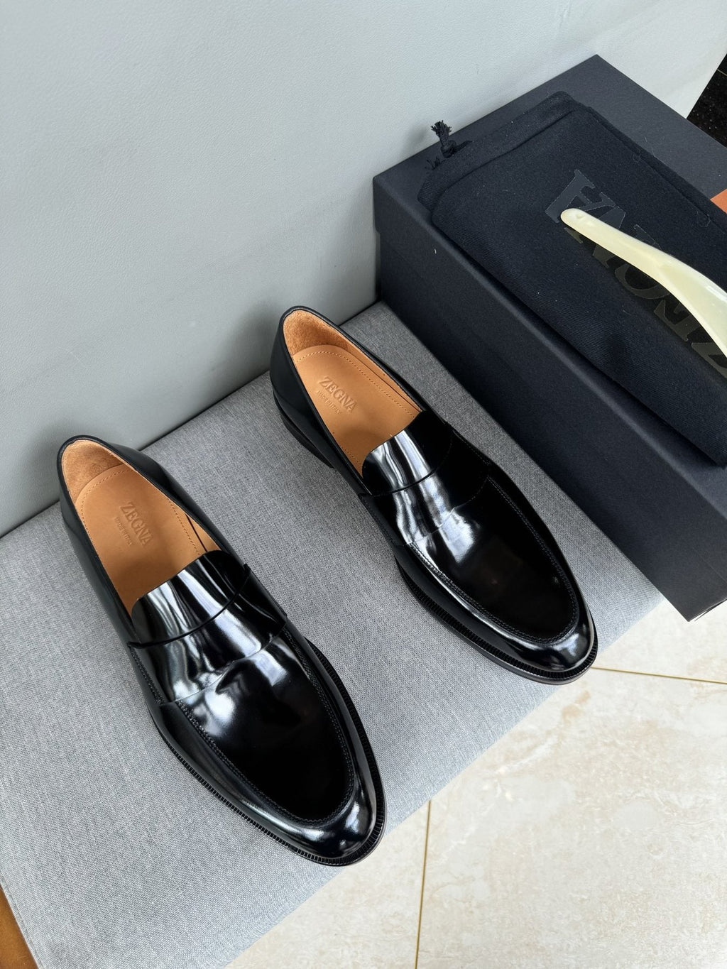Zegna Men's Glossy Black Leather Loafers