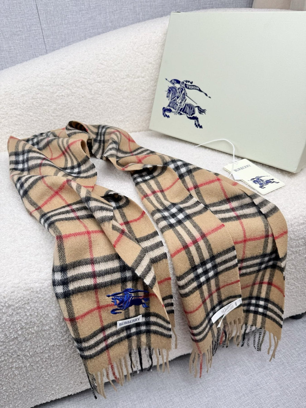Burberry Beige Check Fringed Scarf