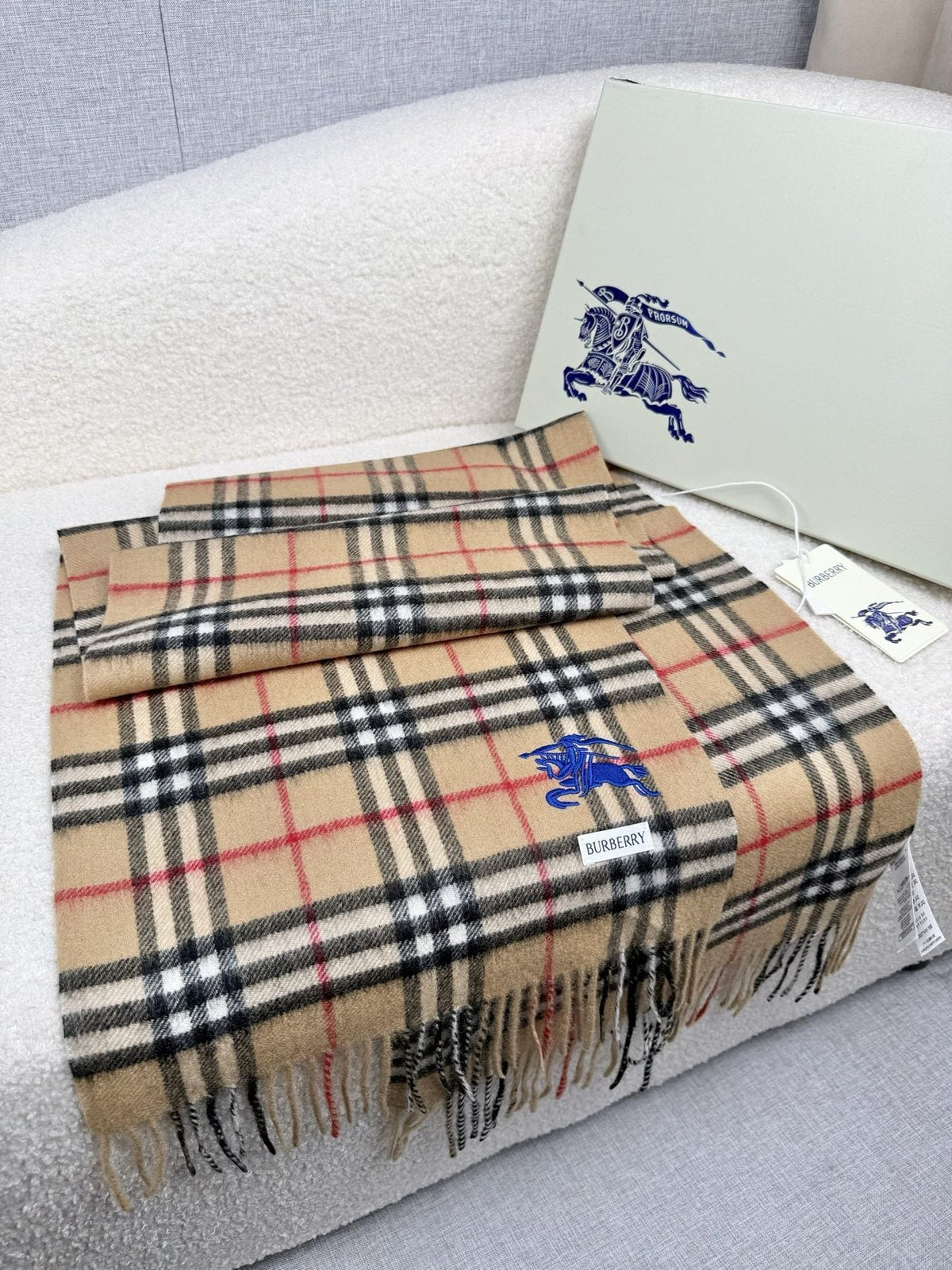 Burberry Beige Check Fringed Scarf