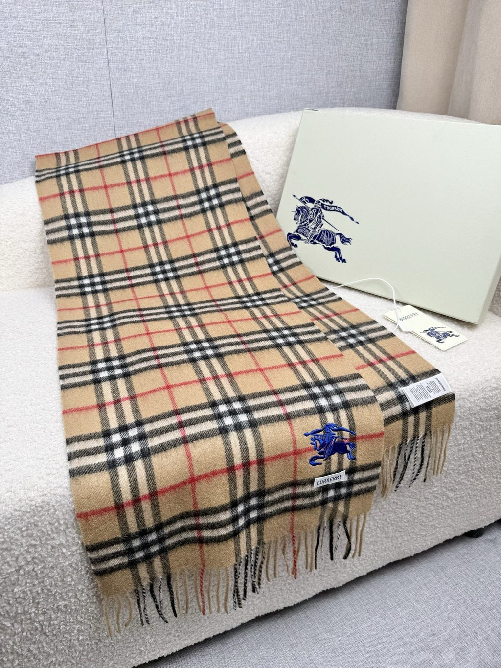 Burberry Beige Check Fringed Scarf