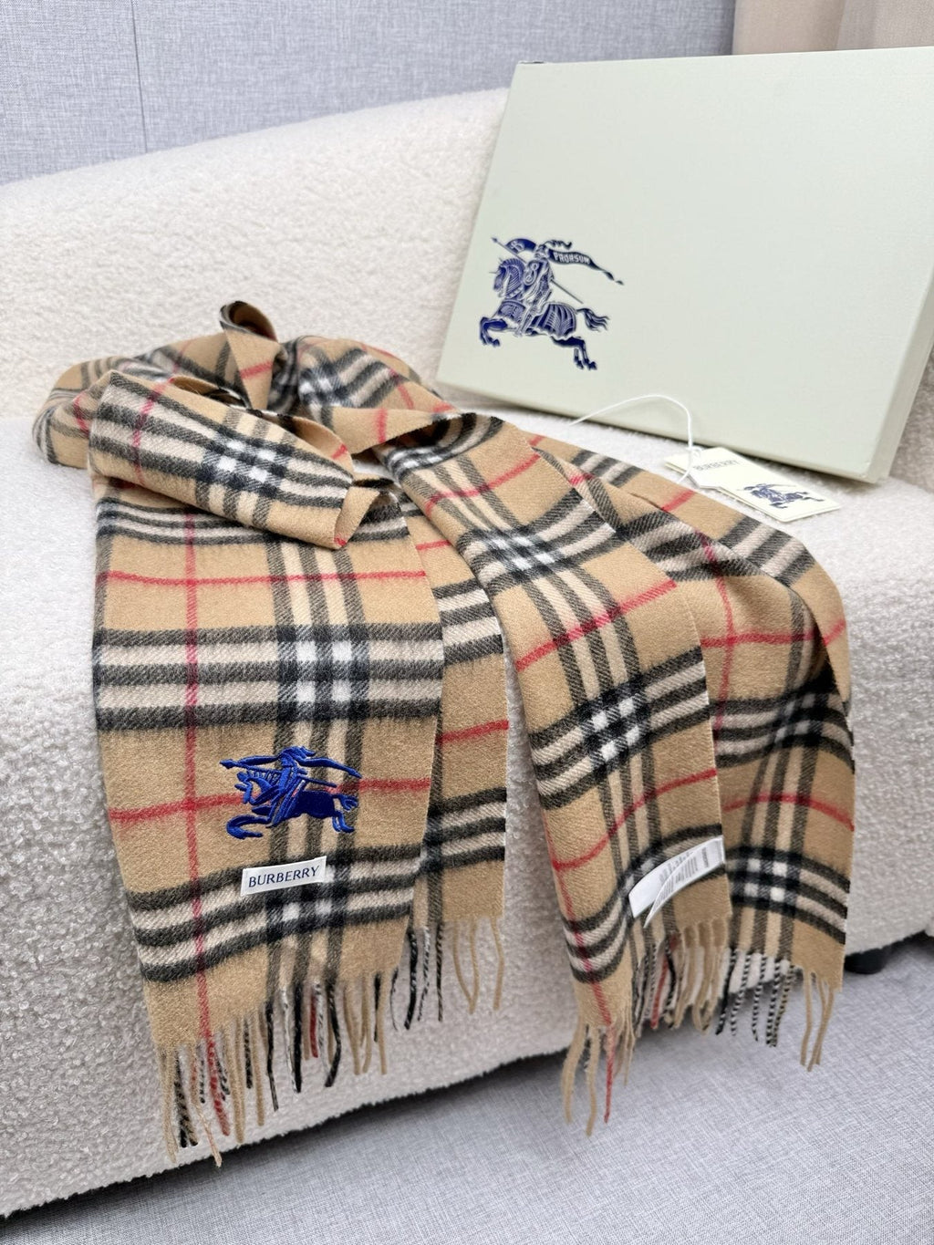 Burberry Beige Check Fringed Scarf