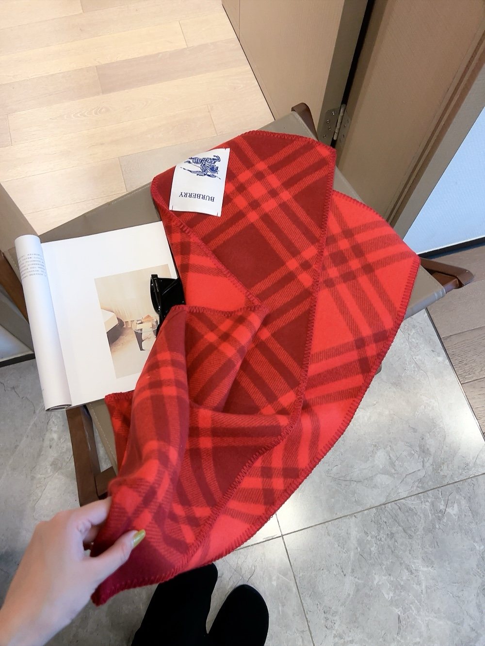 Burberry Red Plaid Hooded Scarf Shawl
