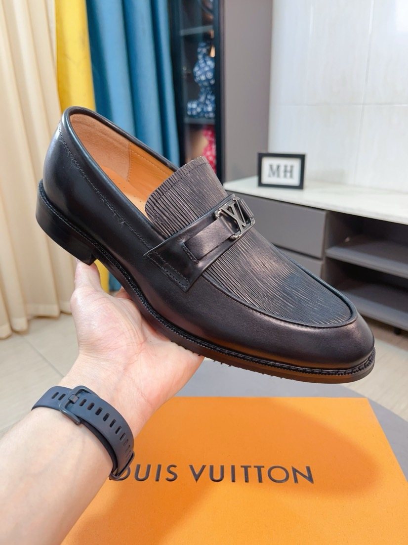 Louis Vuitton Men's Black Textured Buckle Loafers - Rounded Toe And Dark Sole