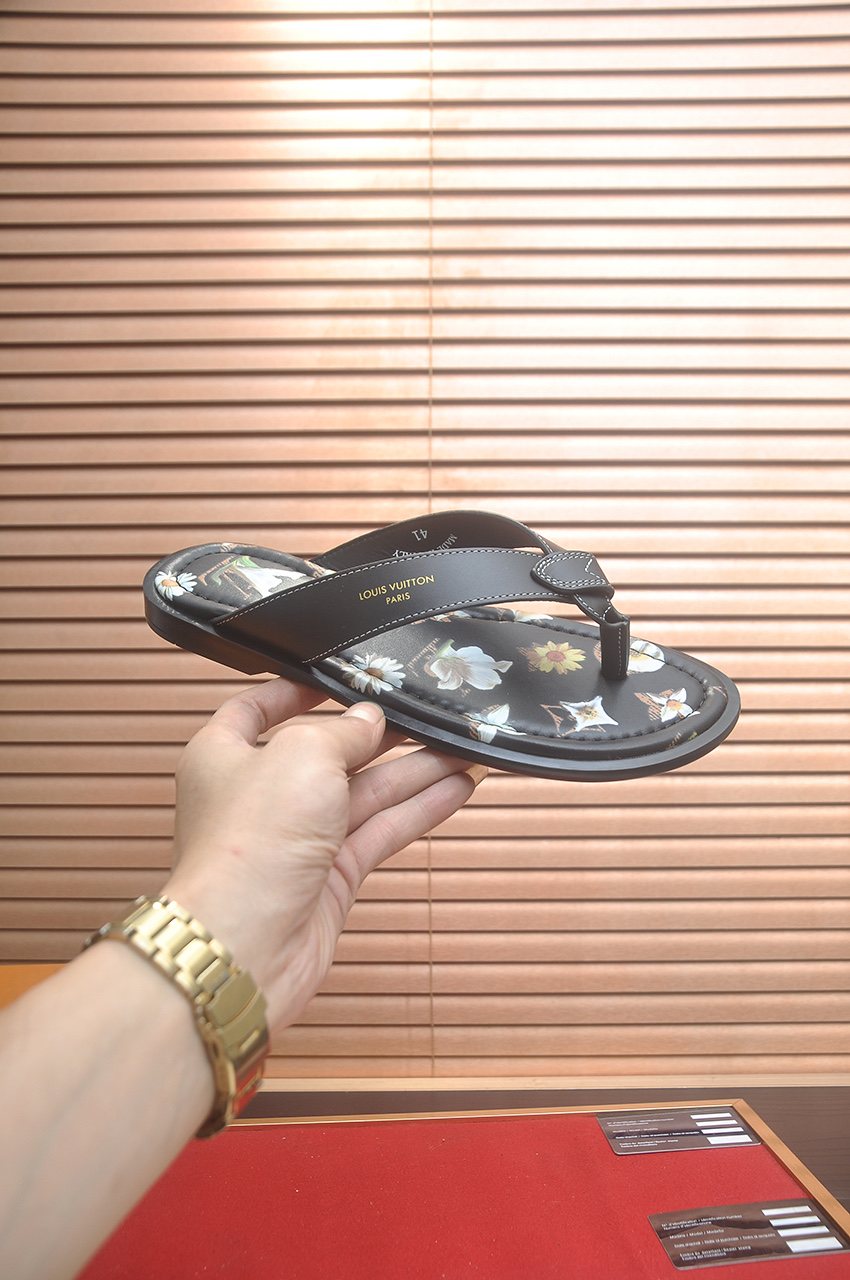 Louis Vuitton Black Floral Print Thong Sandals