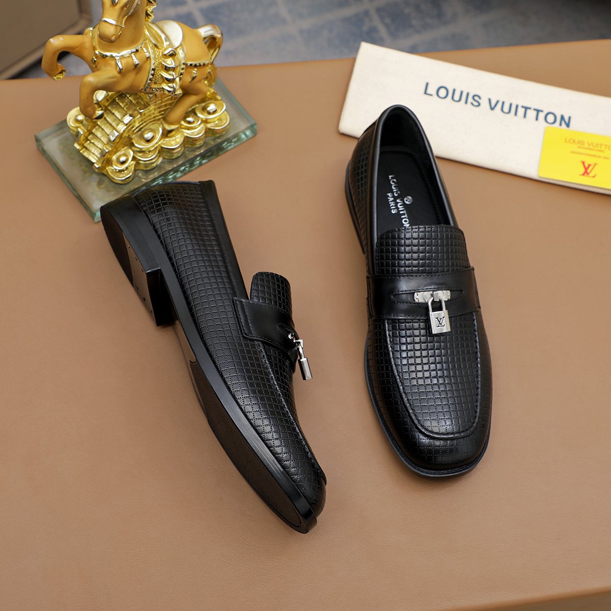Louis Vuitton Black Textured Loafers - Silver-Tone Hardware