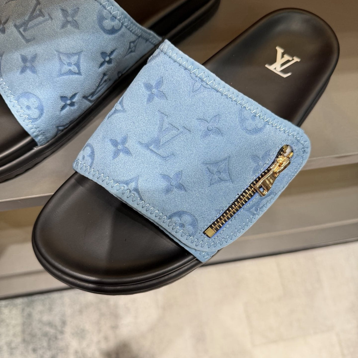 Louis Vuitton Light Blue Zip-Accent Slide Sandals
