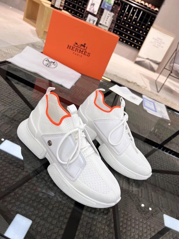 Hermès Men's White Orange Knit Sneakers