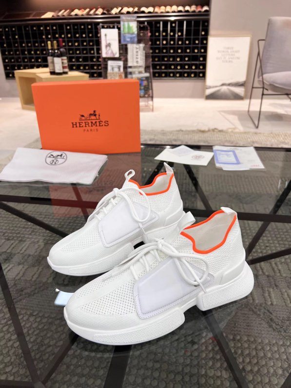 Hermès Men's White Orange Knit Sneakers