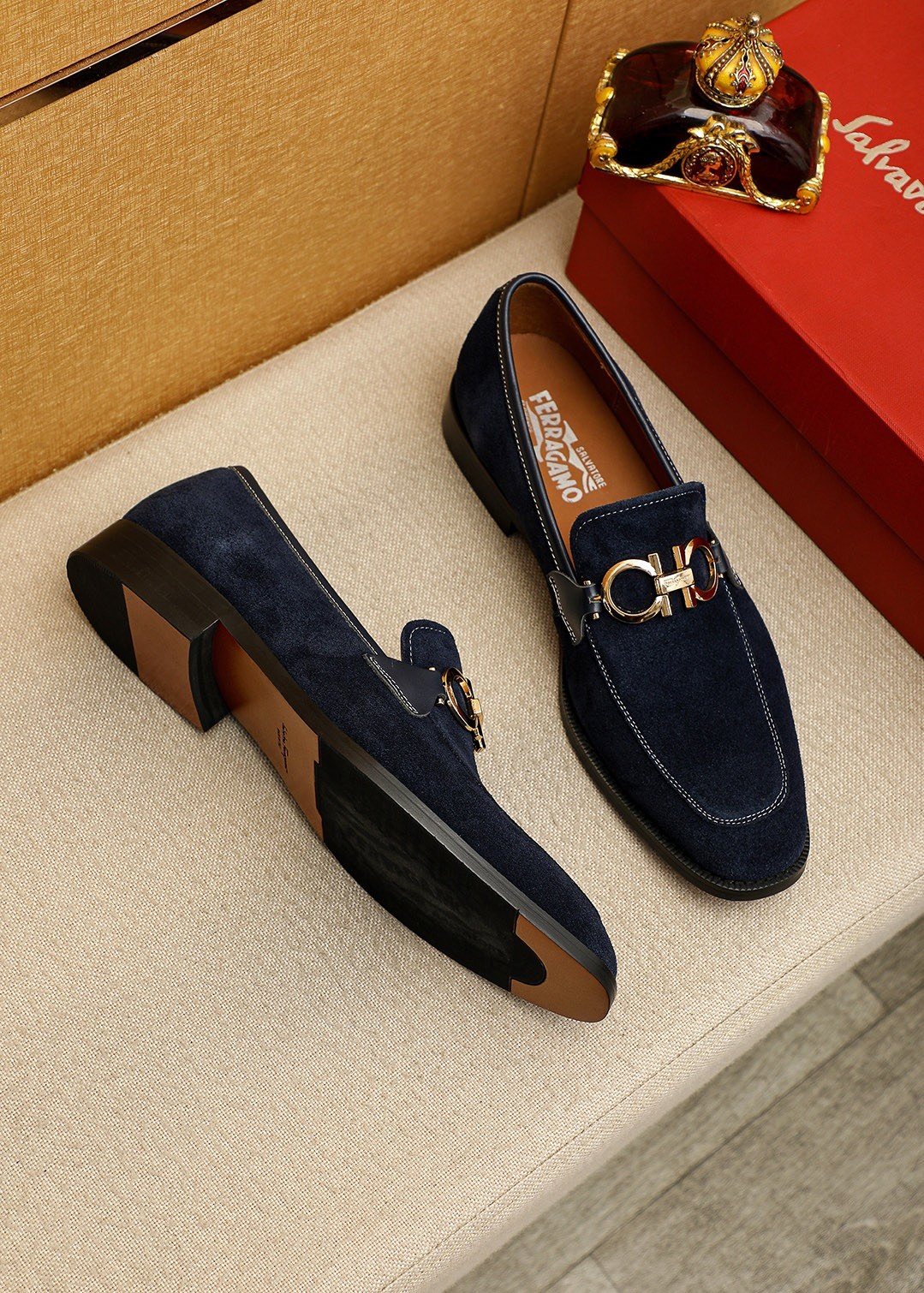 Ferragamo Navy Blue Hardware Loafers