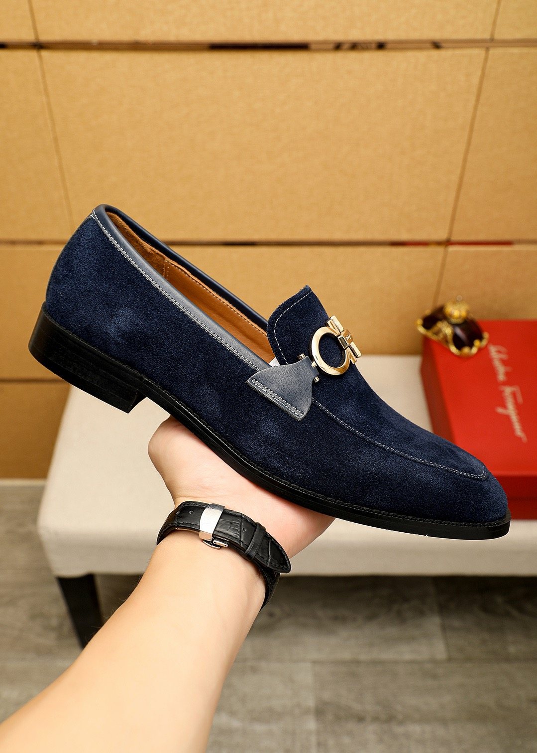 Ferragamo Navy Blue Hardware Loafers