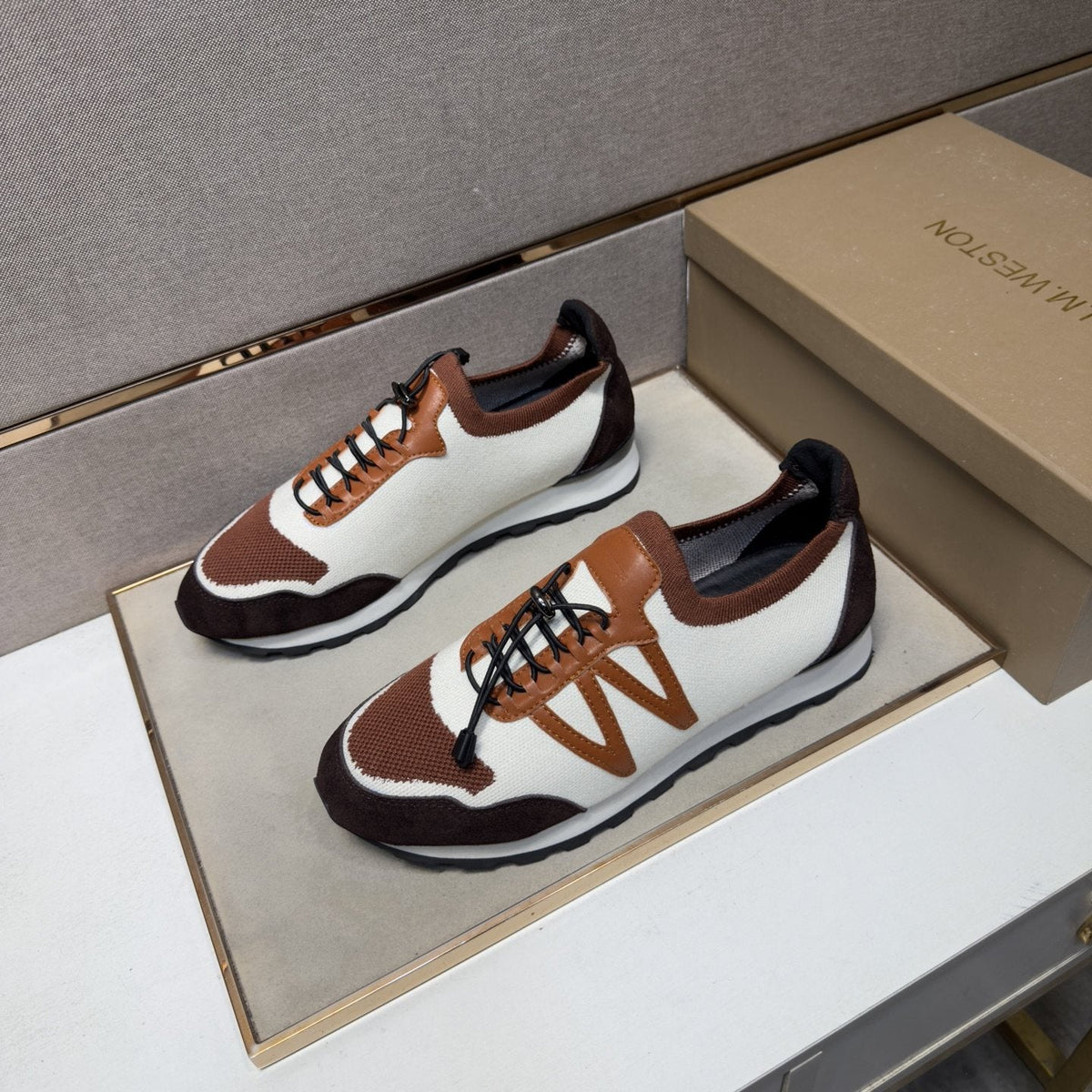 Men's White, Brown & Tan Panel Sneakers