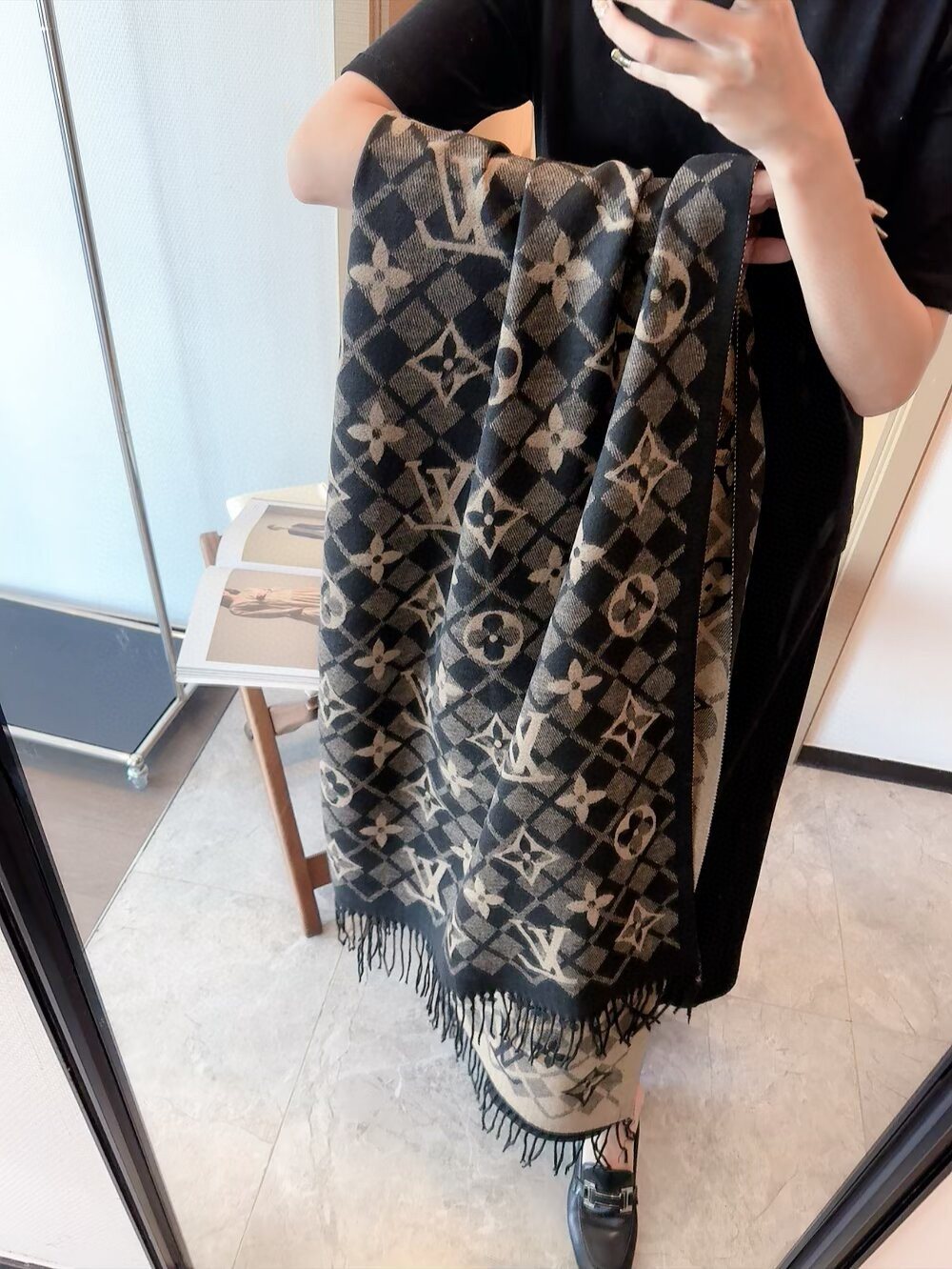 Louis Vuitton Dark Brown Fringed Patterned Scarf