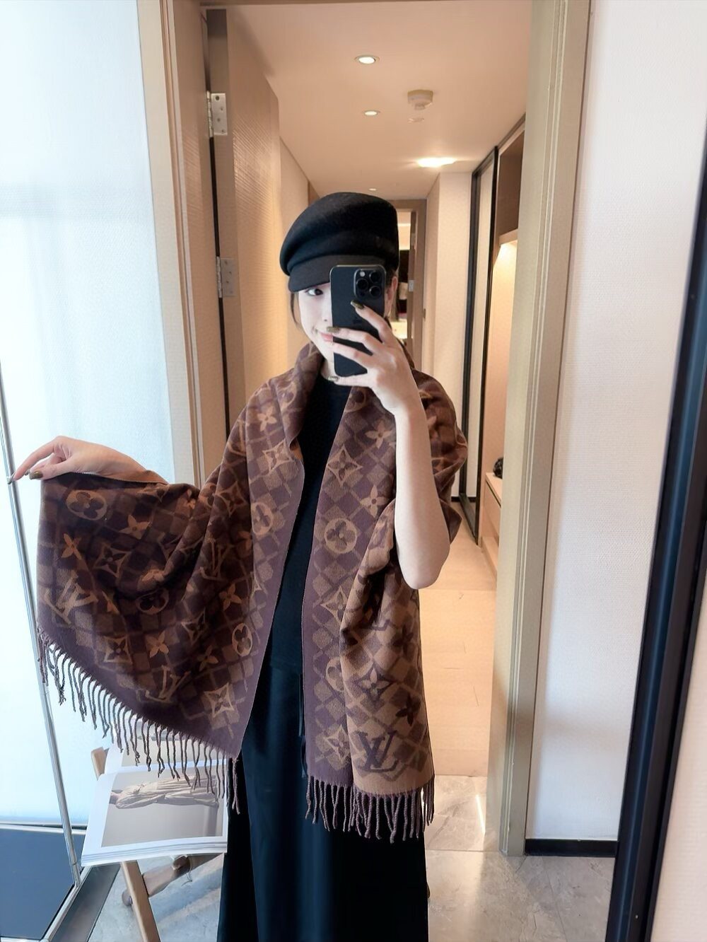 Louis Vuitton Dark Brown Fringed Patterned Scarf