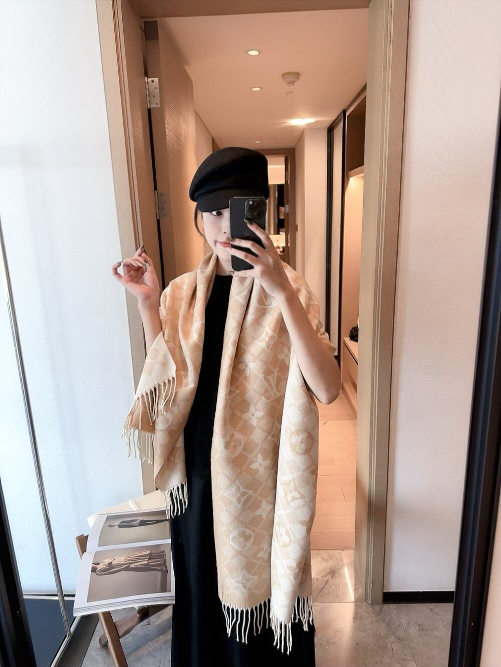Louis Vuitton Dark Brown Fringed Patterned Scarf