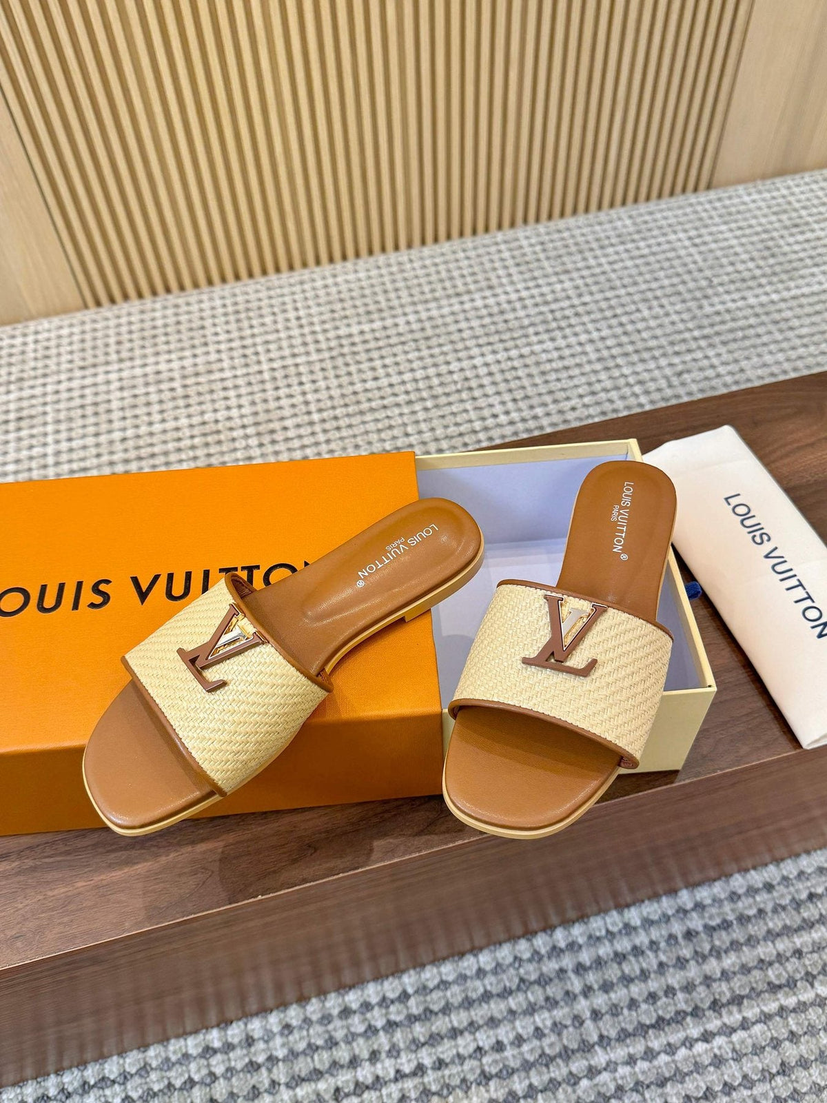 Louis Vuitton Textured Logo Slide Sandals