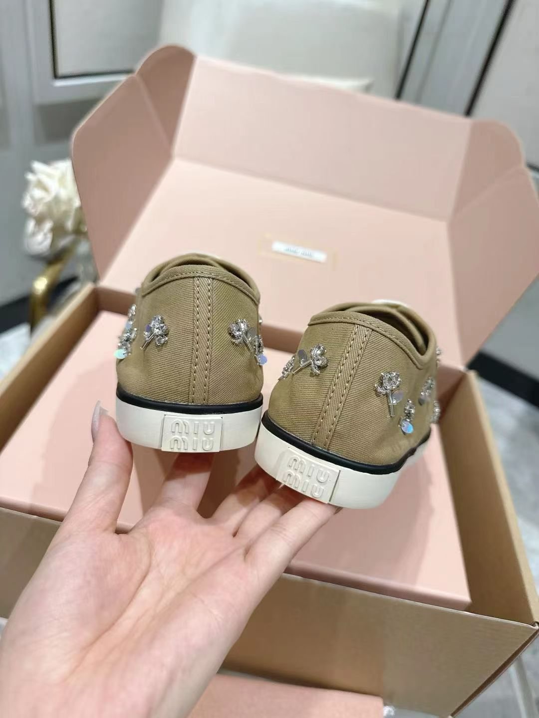 Miu Miu Floral Rhinestone Canvas Sneakers