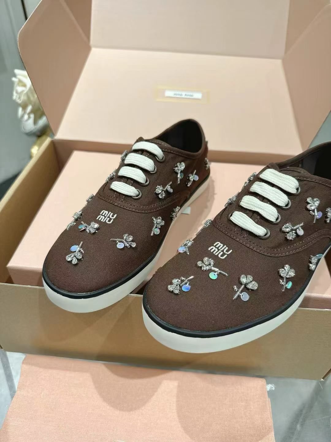 Miu Miu Floral Rhinestone Canvas Sneakers