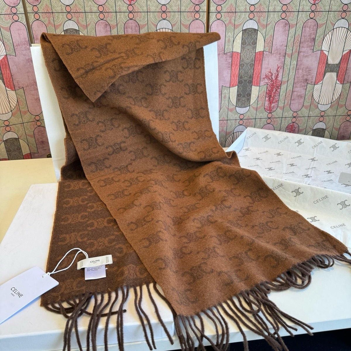 CELINE Brown Monogram Fringed Scarf