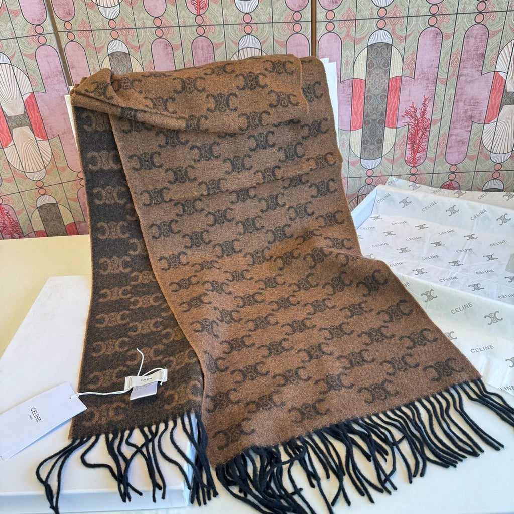 CELINE Brown Monogram Fringed Scarf