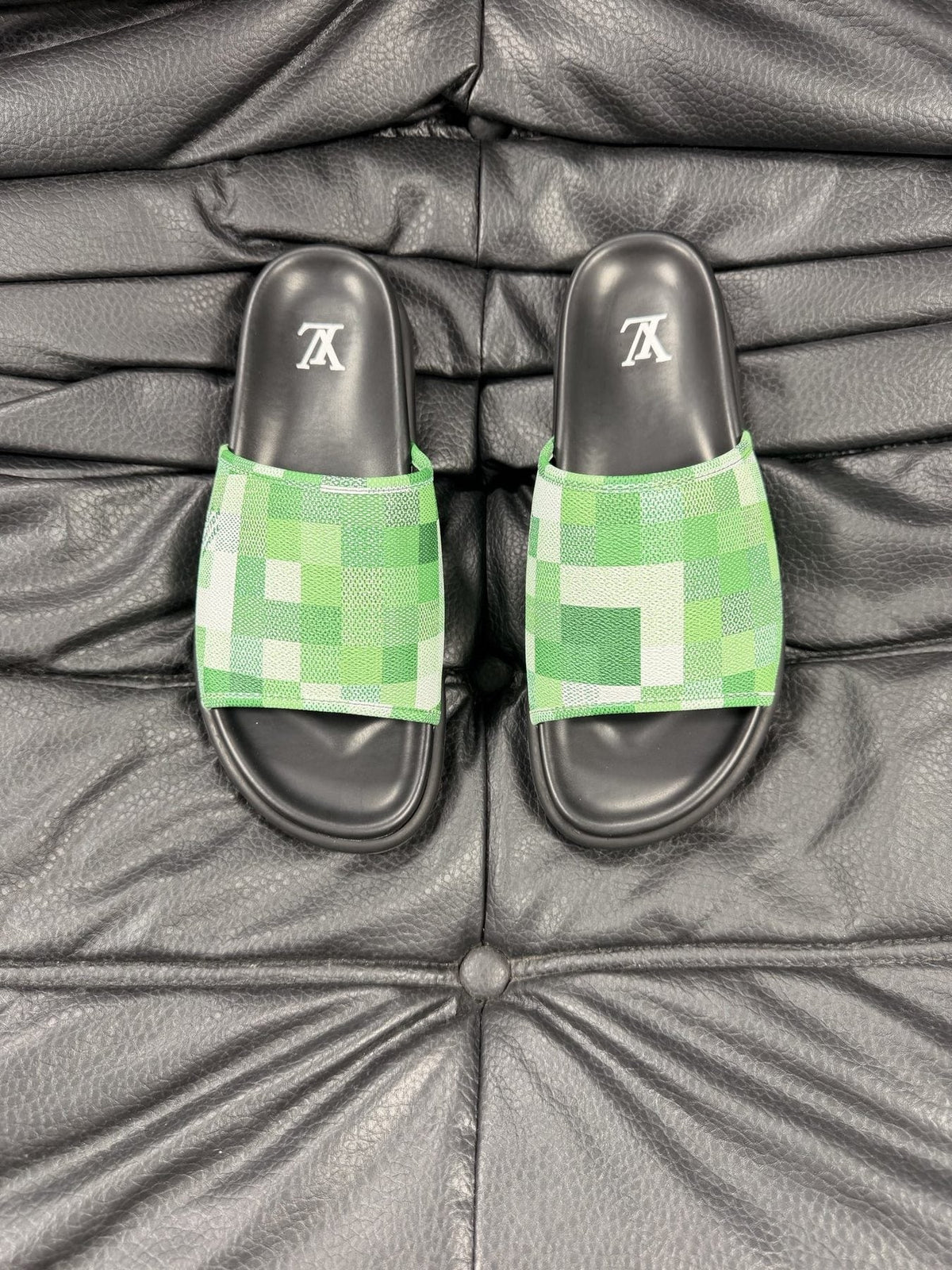 Louis Vuitton Slate Blue Checkered Slide Sandals