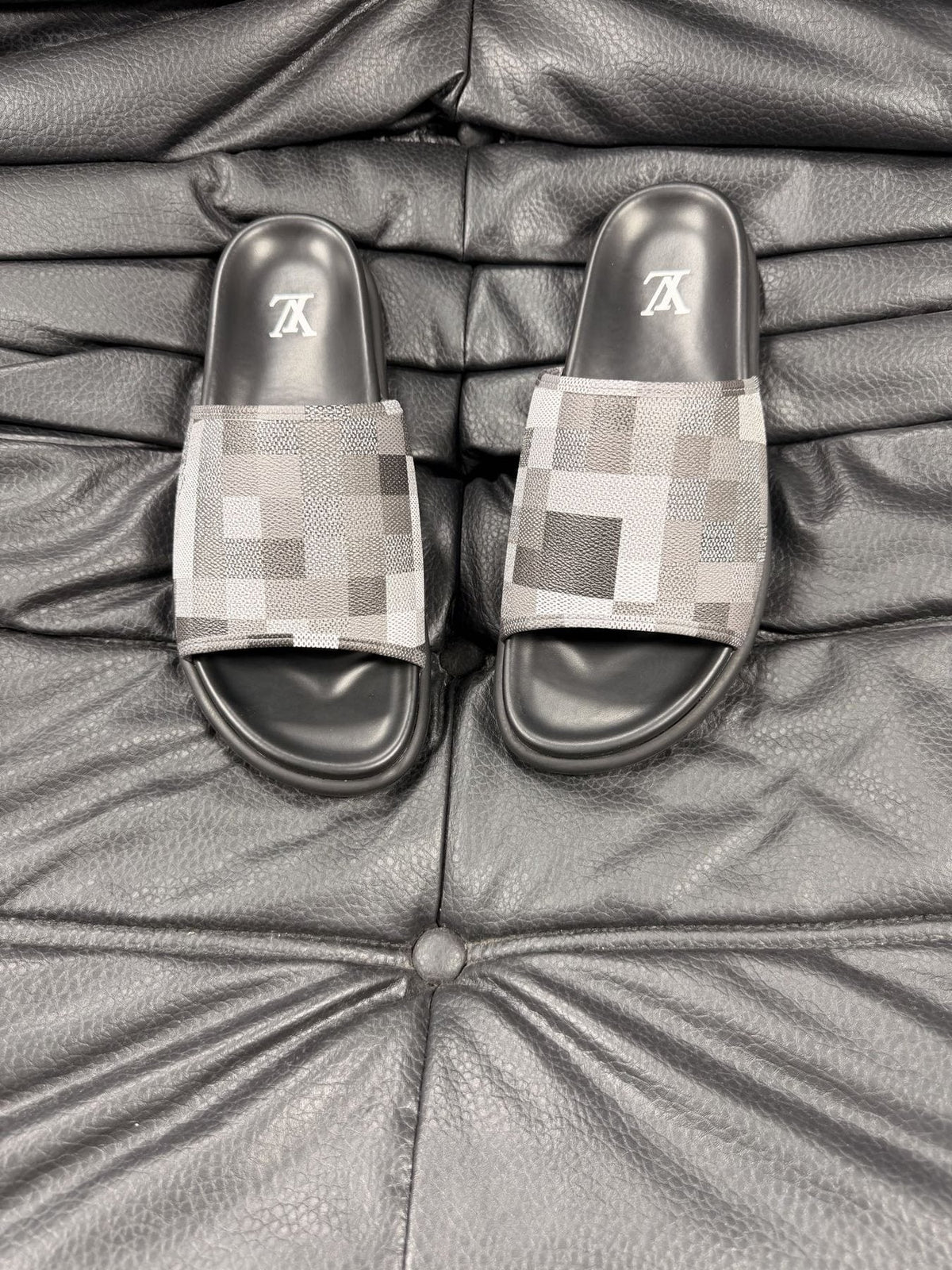 Louis Vuitton Slate Blue Checkered Slide Sandals