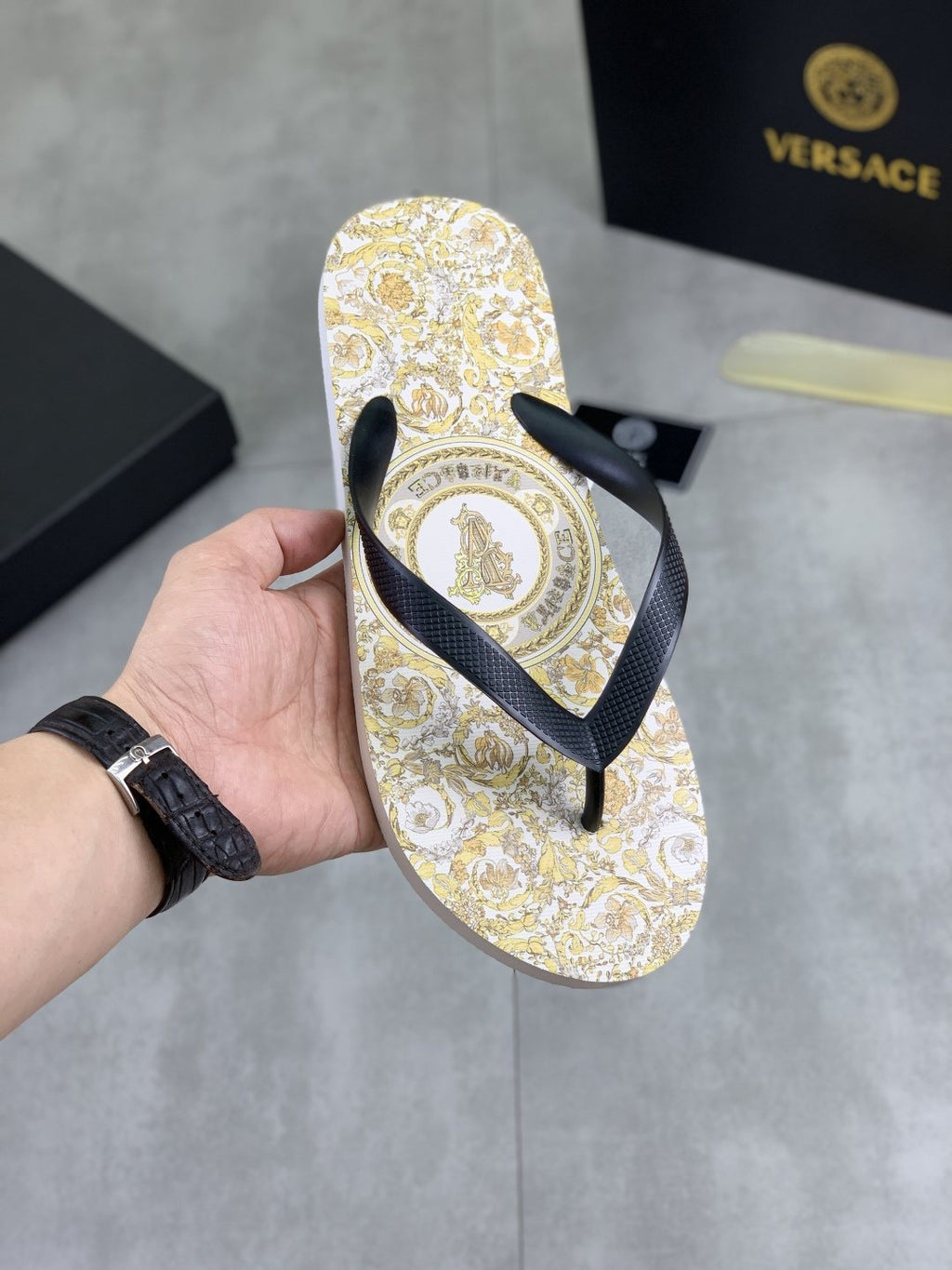 Versace Baroque Print Flip-Flops - White, Gold & Black