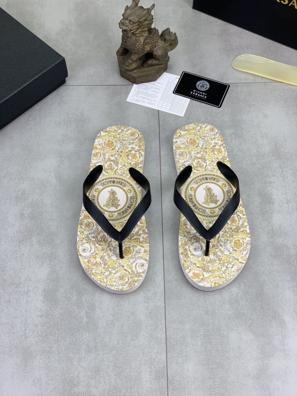 Versace Baroque Print Flip-Flops - White, Gold & Black
