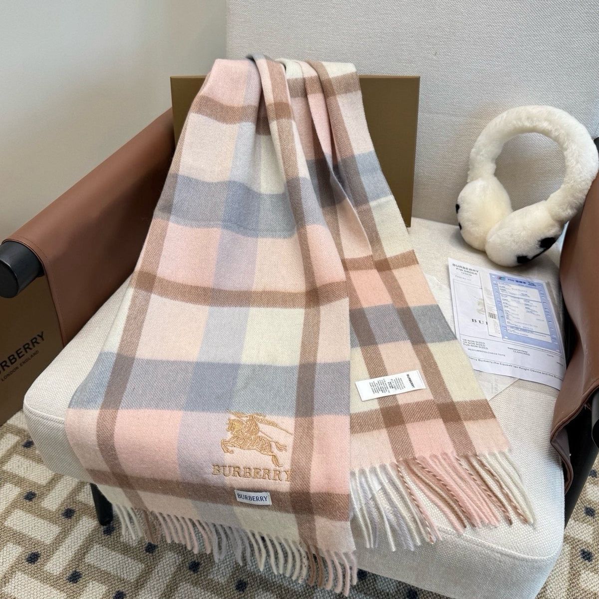 Burberry Cream Taupe Check Fringed Scarf